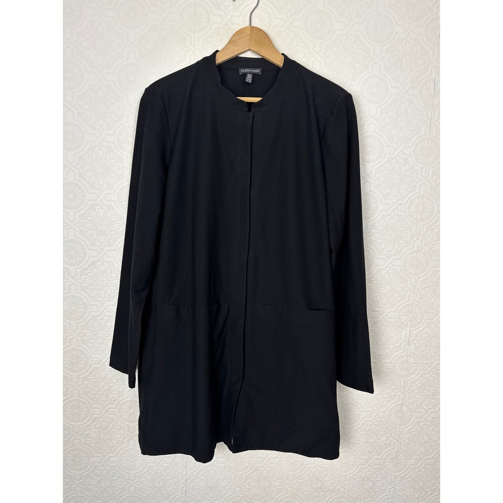 Eileen Fisher Minimalist Black Ponte Knit Longline Jacket XL Hidden Buttons